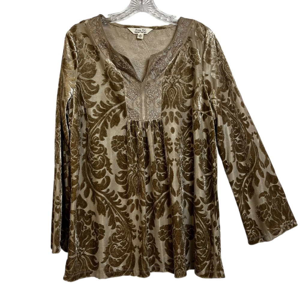 Krazy‎ Kat Velvet Burnout Damask Tunic Top Long Sleeve V Neck Women's M